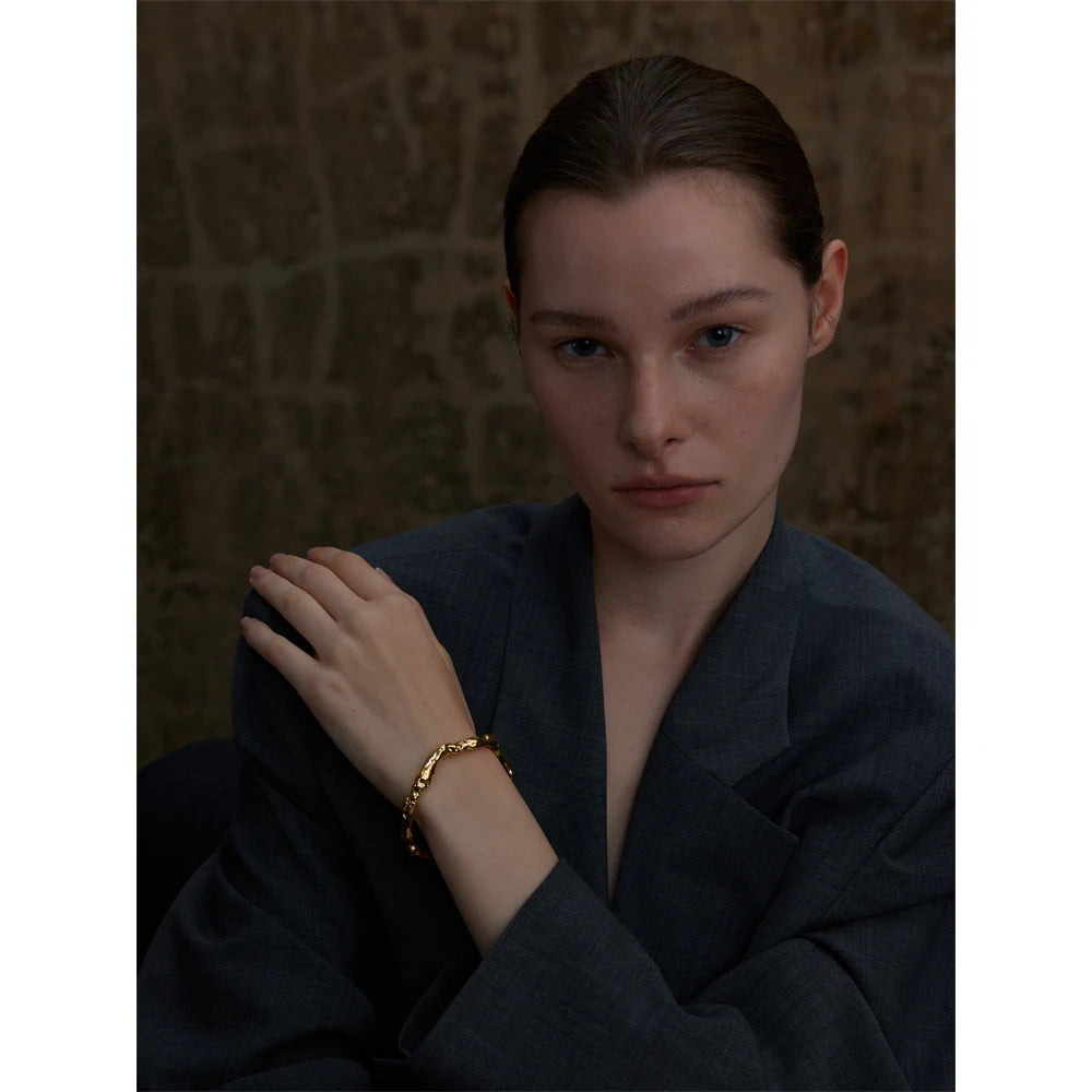 Ghent Hammered Cuff, waterproof bracelet in 316L stainless steel with a gold or silver-tone PVD finish by Lark & Reed, view 3
