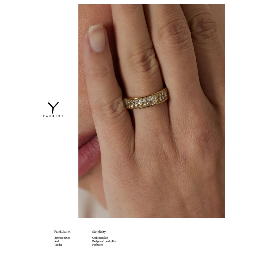 Josefine Crystal Eternity Ring, waterproof ring in 316L stainless steel with a gold PVD finish by Lark & Reed, view 3