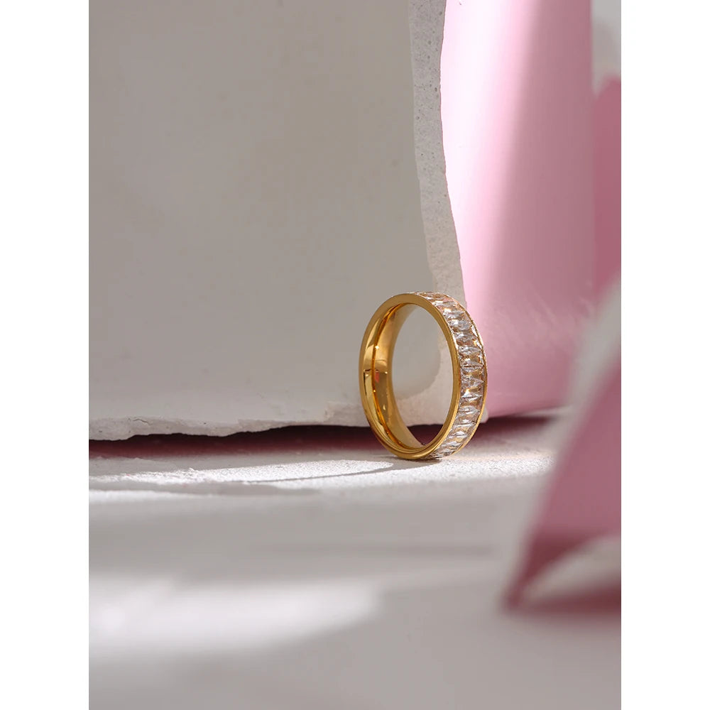 Josefine Crystal Eternity Ring, waterproof ring in 316L stainless steel with a gold PVD finish by Lark & Reed, view 2