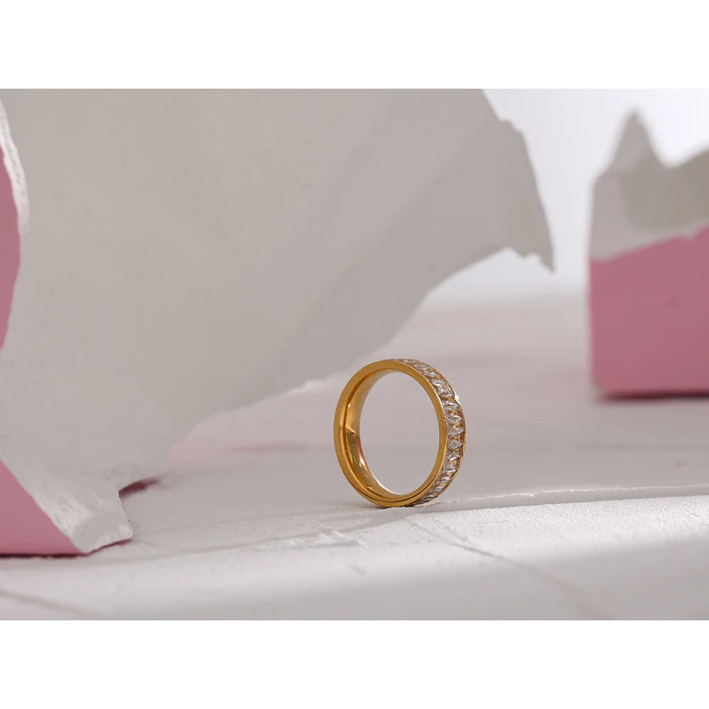 Josefine Crystal Eternity Ring, waterproof ring in 316L stainless steel with a gold PVD finish by Lark & Reed, view 5