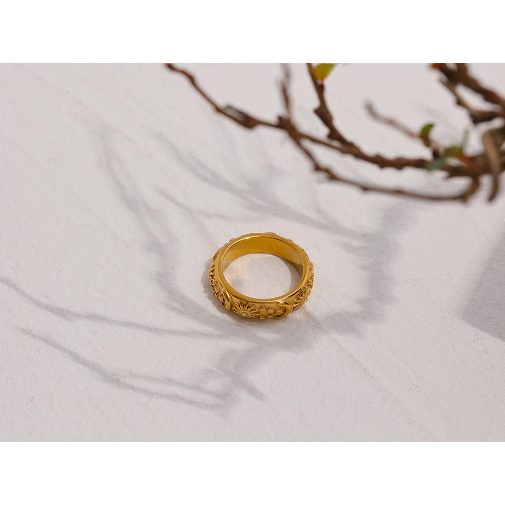 Celestine Engraved Band, waterproof ring in 316L stainless steel with a gold PVD finish by Lark & Reed, view 4
