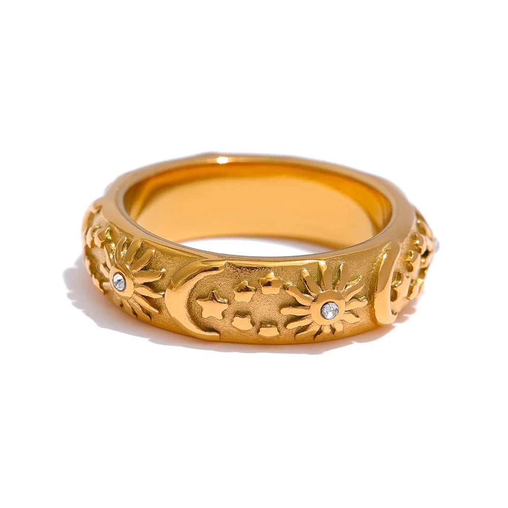 Celestia Engraved Cuff, waterproof bracelet in 316L stainless steel with a gold PVD finish by Lark & Reed, view 8