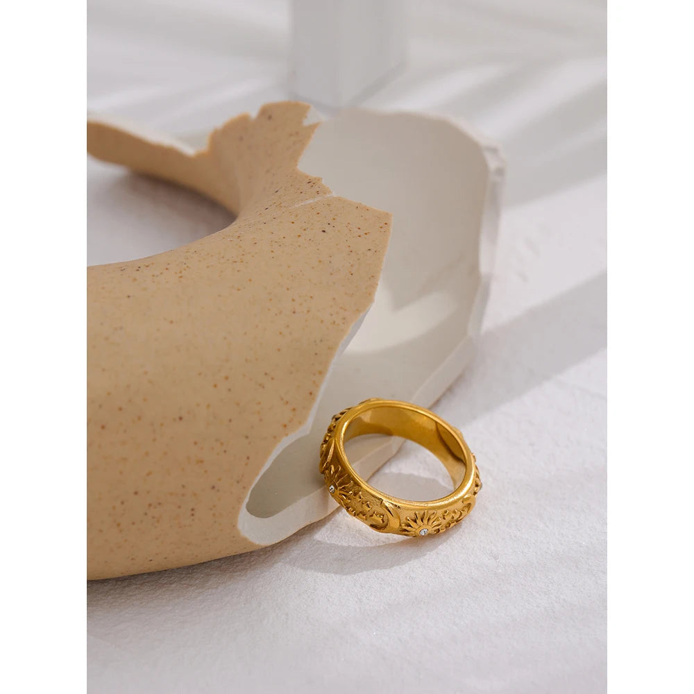 Celestine Engraved Band, waterproof ring in 316L stainless steel with a gold PVD finish by Lark & Reed, view 2