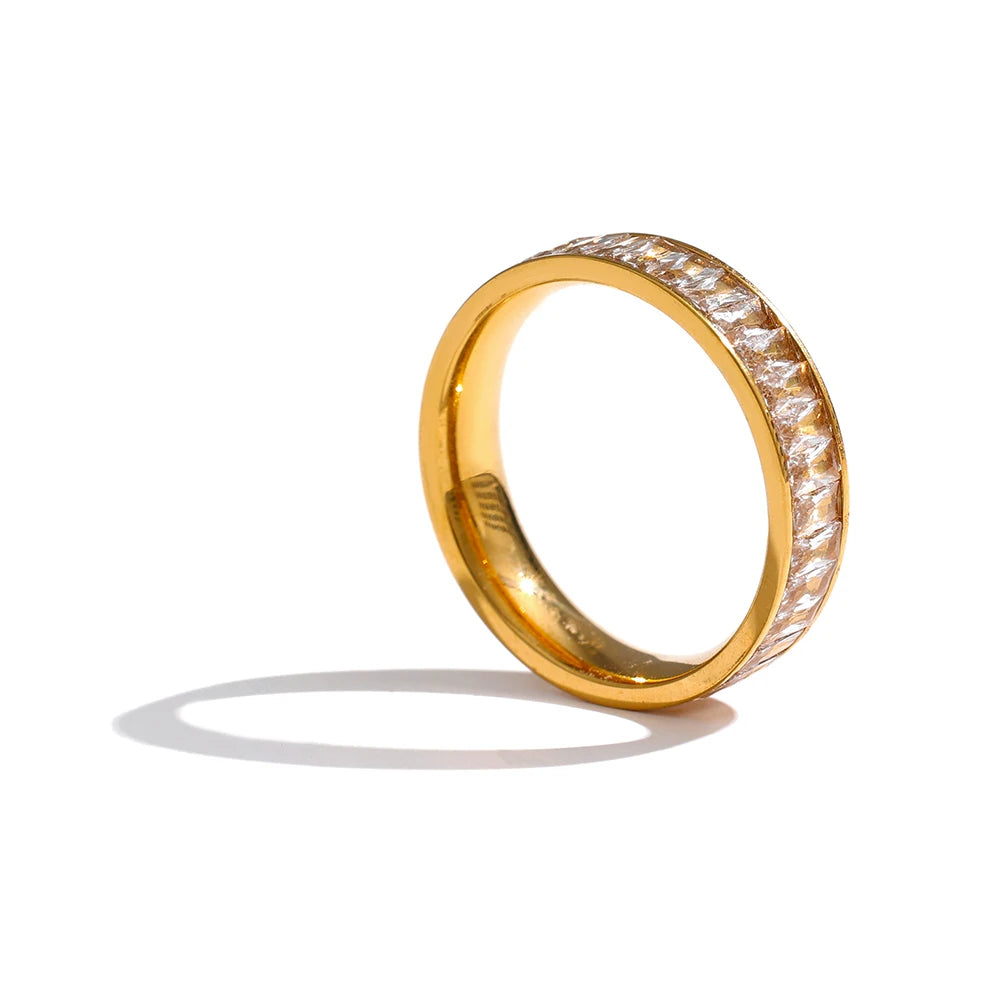 Josefine Crystal Eternity Ring, waterproof ring in 316L stainless steel with a gold PVD finish by Lark & Reed, view 7