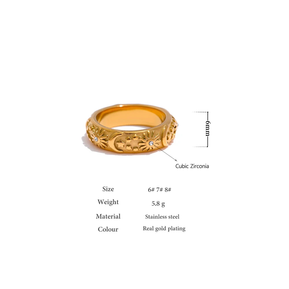Celestine Engraved Band, waterproof ring in 316L stainless steel with a gold PVD finish by Lark & Reed, view 6