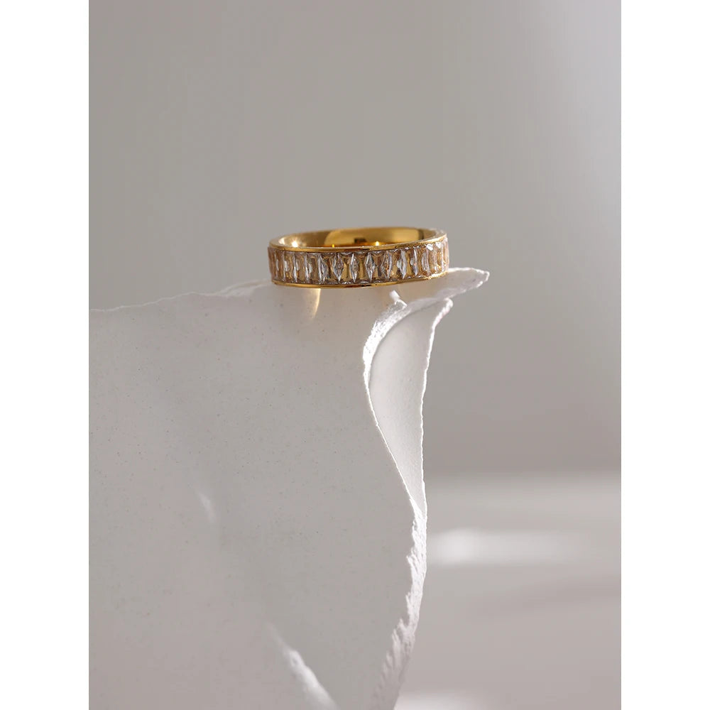 Josefine Crystal Eternity Ring, waterproof ring in 316L stainless steel with a gold PVD finish by Lark & Reed, view 4
