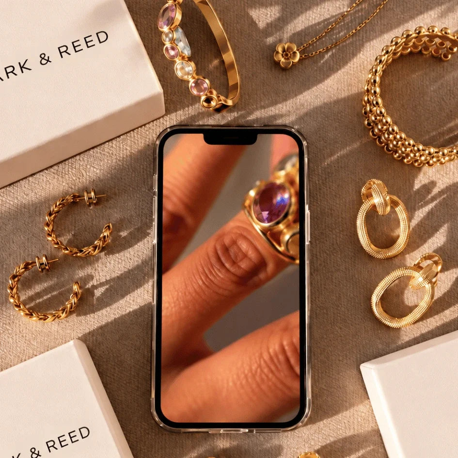 Lark & Reed Surprise Kit: earrings, a ring and a necklace in 316L stainless steel with a gold PVD finish
