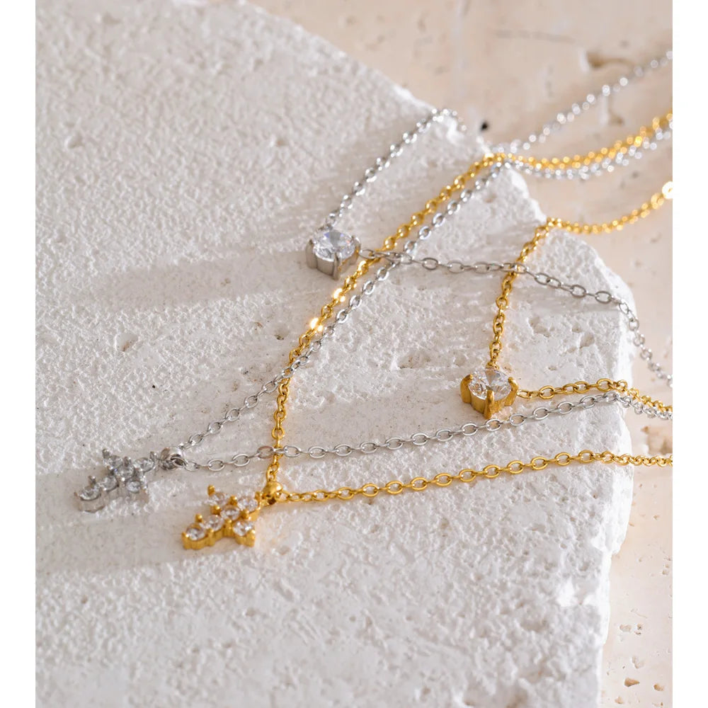 Runa Layered Crystal Necklace, waterproof necklace in 316L stainless steel with a gold or silver-tone PVD finish by Lark & Reed, view 3