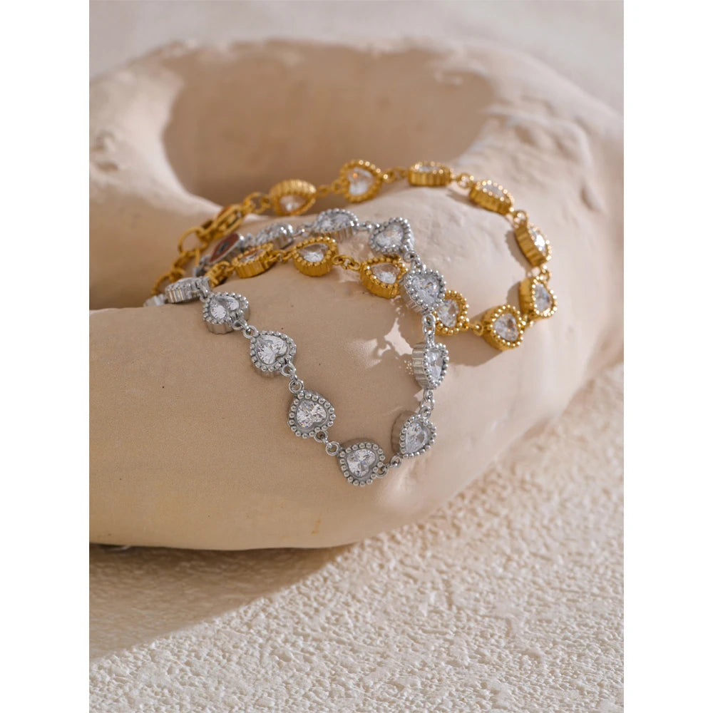 Vanja Crystal Heart Chain Bracelet, waterproof bracelet in 316L stainless steel with a gold or silver-tone PVD finish by Lark & Reed, view 4