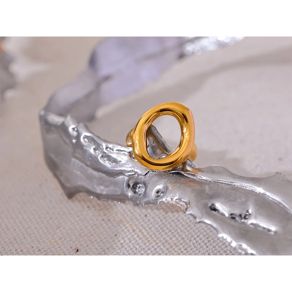Ophelia Open Oval Ring, waterproof ring in 316L stainless steel with a gold PVD finish by Lark & Reed, view 3