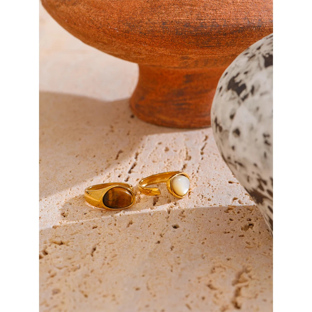 Rikke Stone Signet Ring, waterproof ring in 316L stainless steel with a gold PVD finish by Lark & Reed, view 2