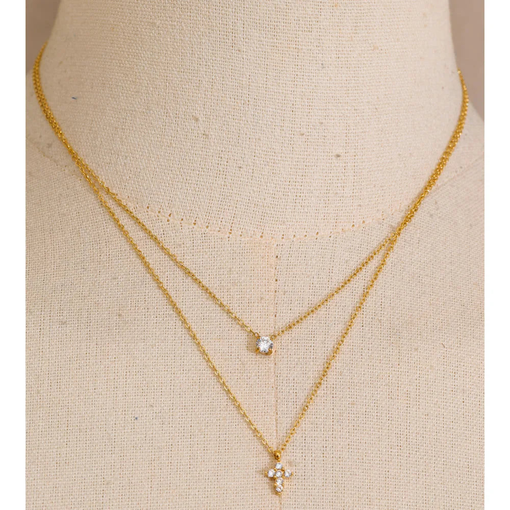 Runa Layered Crystal Necklace, waterproof necklace in 316L stainless steel with a gold or silver-tone PVD finish by Lark & Reed, view 4