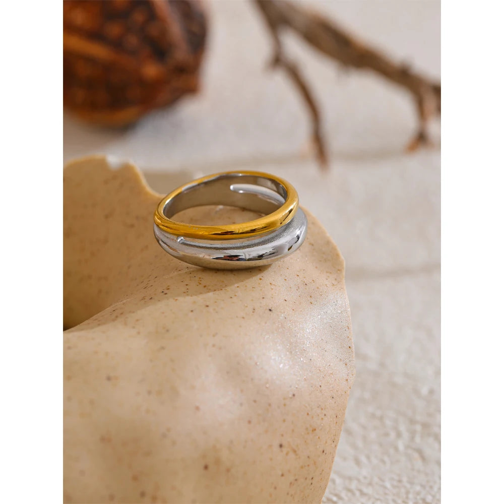 Britta Two-Tone Band, waterproof ring in 316L stainless steel with a gold PVD finish by Lark & Reed, view 2