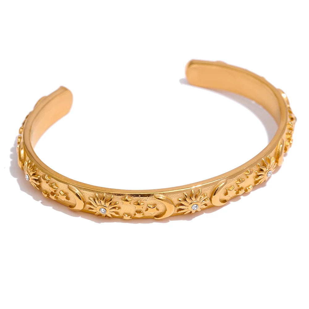 Celestia Engraved Cuff, waterproof bracelet in 316L stainless steel with a gold PVD finish by Lark & Reed, view 10