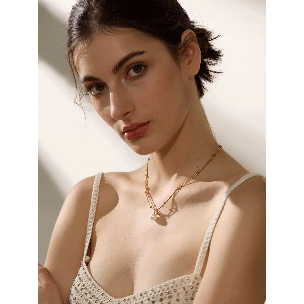 Perla Pearl Snake Chain, waterproof necklace in 316L stainless steel with a gold or silver-tone PVD finish by Lark & Reed, view 2