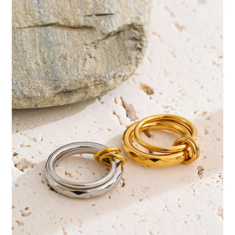 Kirsten Double Circle Ring, waterproof ring in 316L stainless steel with a gold or silver-tone PVD finish by Lark & Reed, view 3
