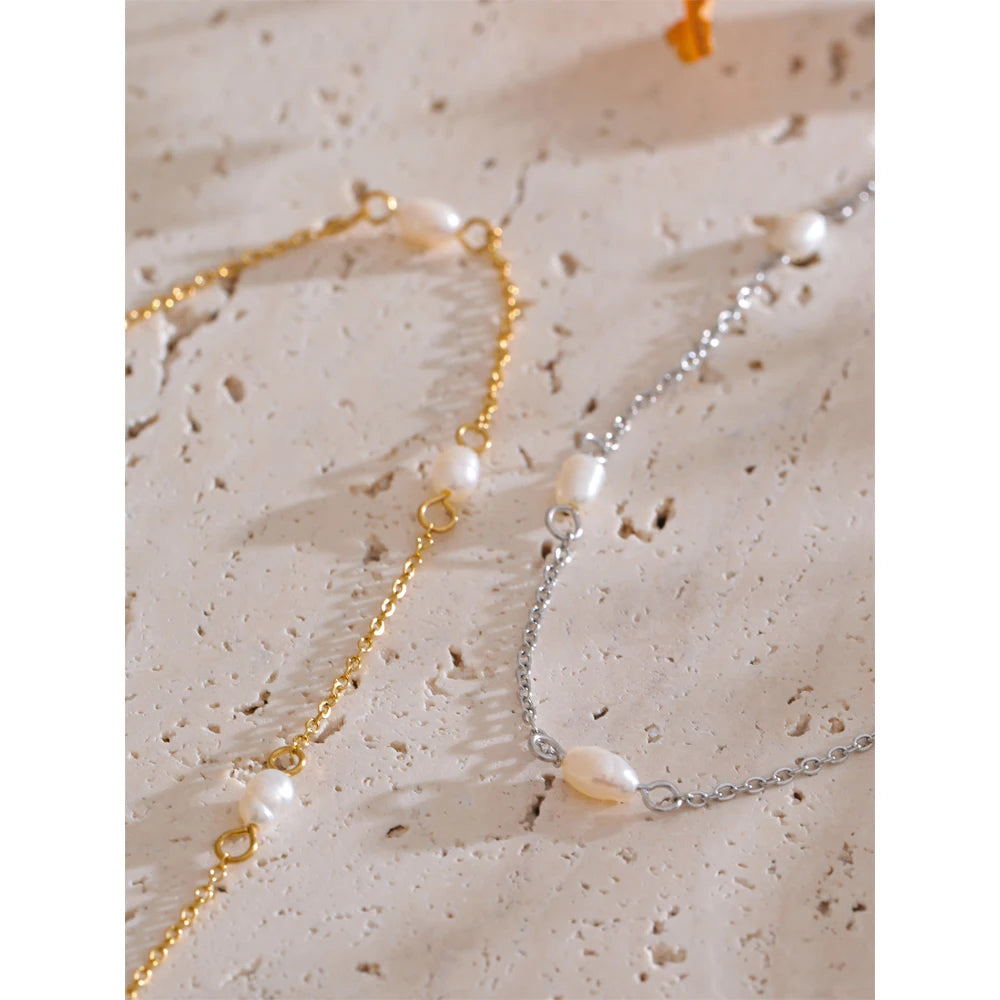 Ilka Pearl Thread Necklace, waterproof necklace in 316L stainless steel with a gold or silver-tone PVD finish by Lark & Reed, view 2