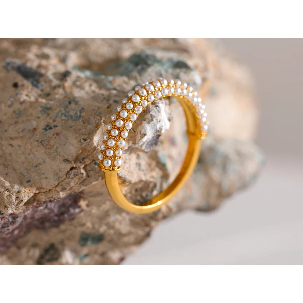 Philippa Pearl Halo Ring, waterproof ring in 316L stainless steel with a gold PVD finish by Lark & Reed, view 3