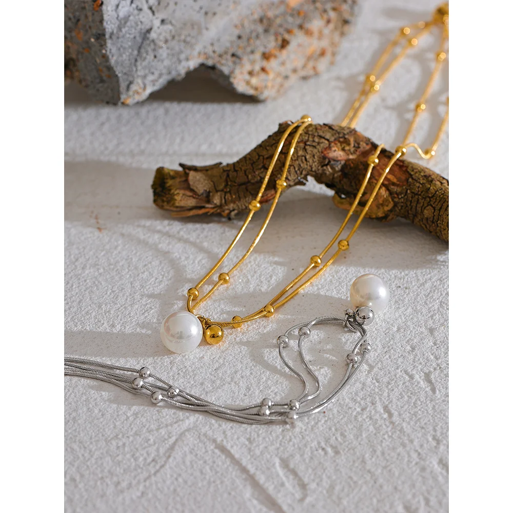 Perla Pearl Snake Chain, waterproof necklace in 316L stainless steel with a gold or silver-tone PVD finish by Lark & Reed, view 3