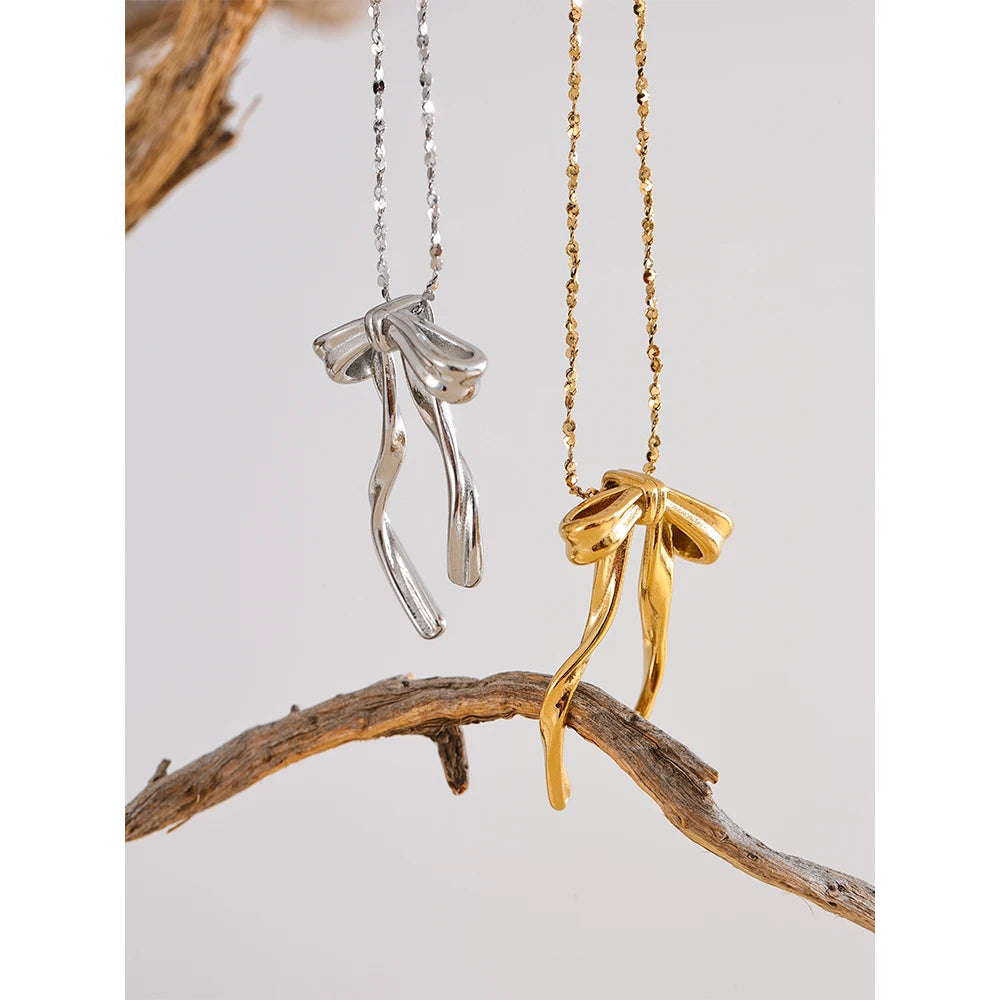 Cecile Bow Pendant, waterproof necklace in 316L stainless steel with a gold or silver-tone PVD finish by Lark & Reed, view 6
