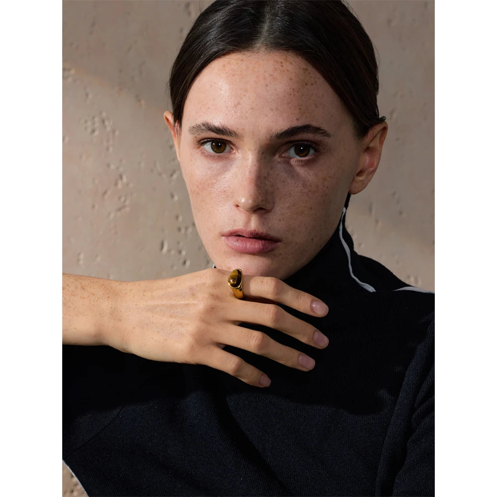 Rikke Stone Signet Ring, waterproof ring in 316L stainless steel with a gold PVD finish by Lark & Reed, view 5