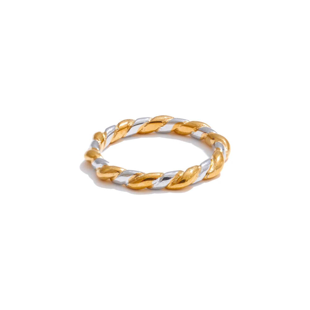 Vilja Two-Tone Twist Ring, waterproof ring in 316L stainless steel with a gold PVD finish by Lark & Reed, view 7