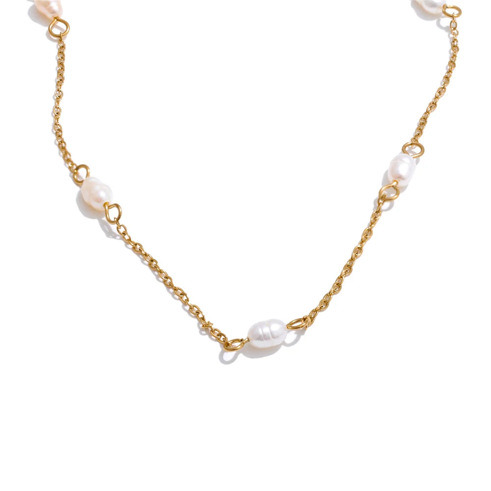 Ilka Pearl Thread Necklace, waterproof necklace in 316L stainless steel with a gold or silver-tone PVD finish by Lark & Reed, view 7