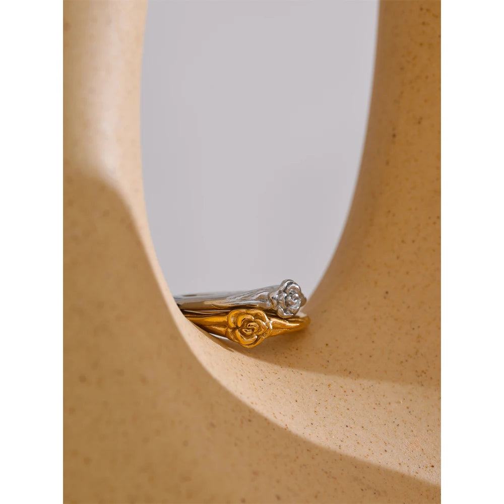 Cosette Rose Signet Ring, waterproof ring in 316L stainless steel with a gold or silver-tone PVD finish by Lark & Reed, view 2