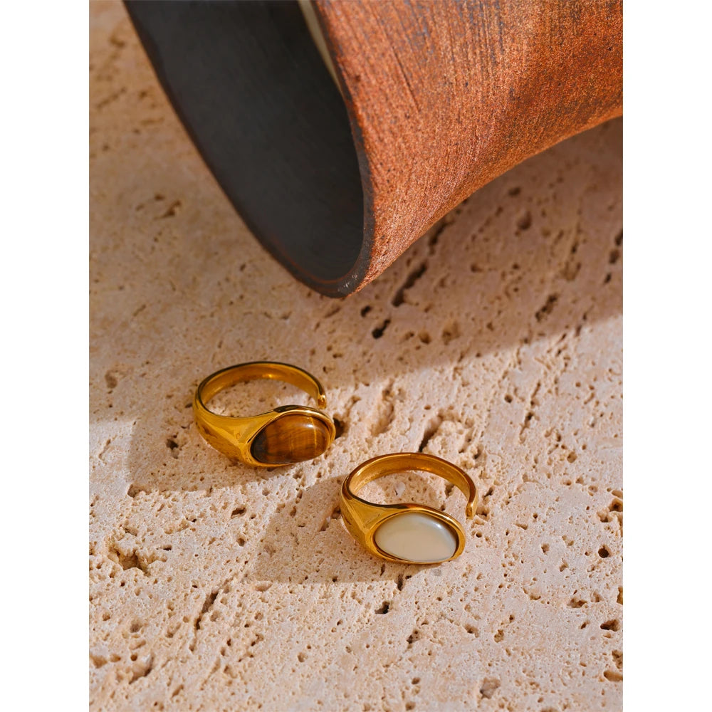 Rikke Stone Signet Ring, waterproof ring in 316L stainless steel with a gold PVD finish by Lark & Reed, view 6