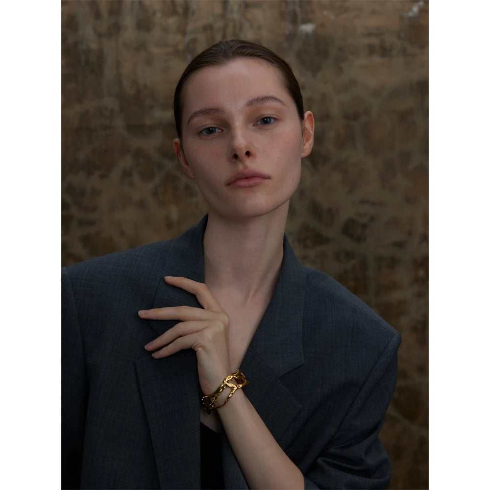 Positano Molten Cuff, waterproof bracelet in 316L stainless steel with a gold or silver-tone PVD finish by Lark & Reed, view 5