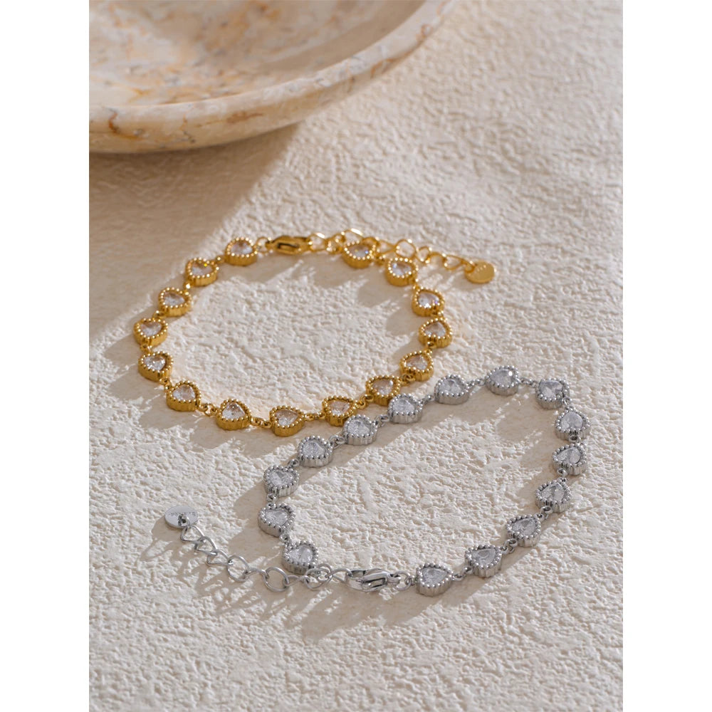 Vanja Crystal Heart Chain Bracelet, waterproof bracelet in 316L stainless steel with a gold or silver-tone PVD finish by Lark & Reed, view 5