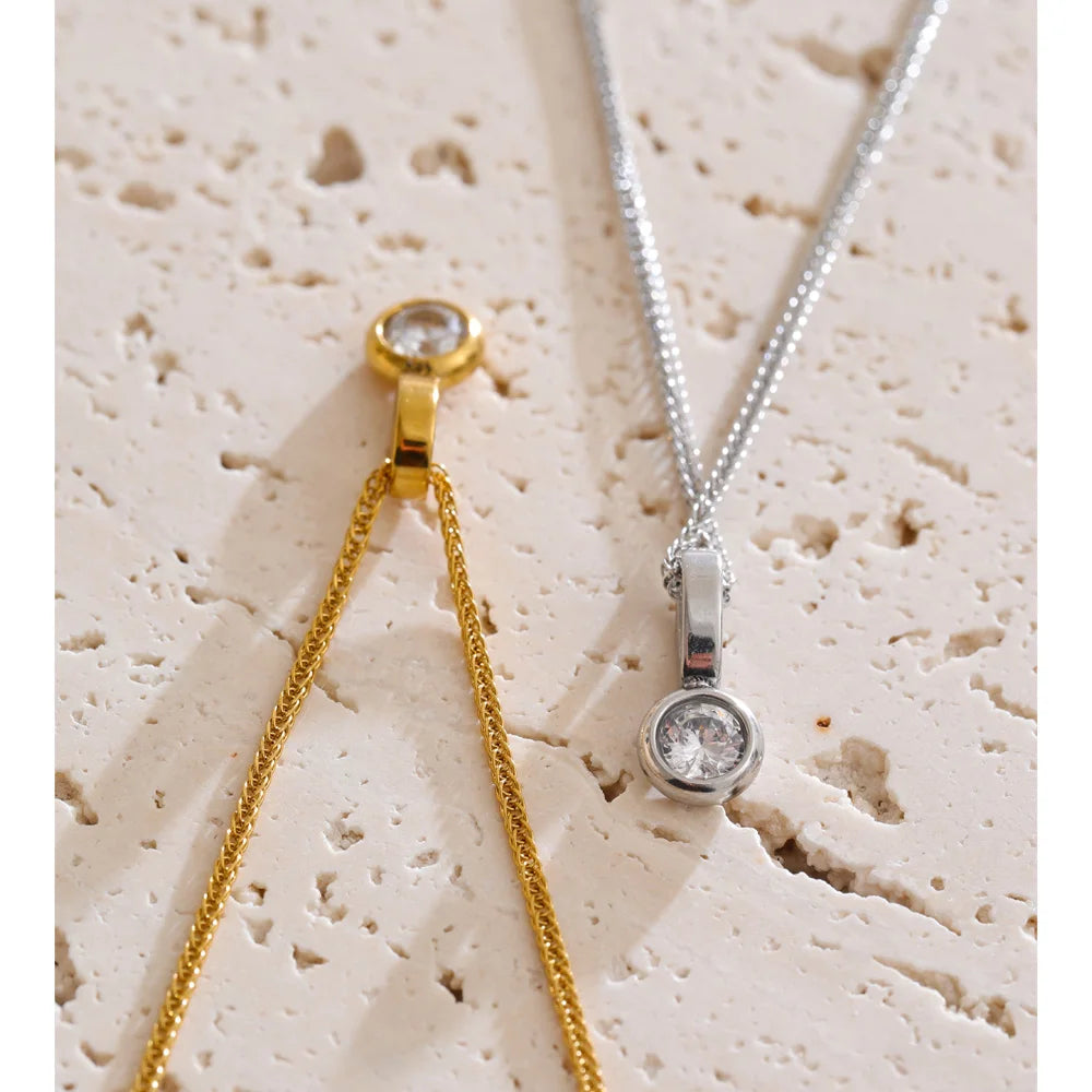 Tilde Bezel Crystal Pendant, waterproof necklace in 316L stainless steel with a gold or silver-tone PVD finish by Lark & Reed, view 5