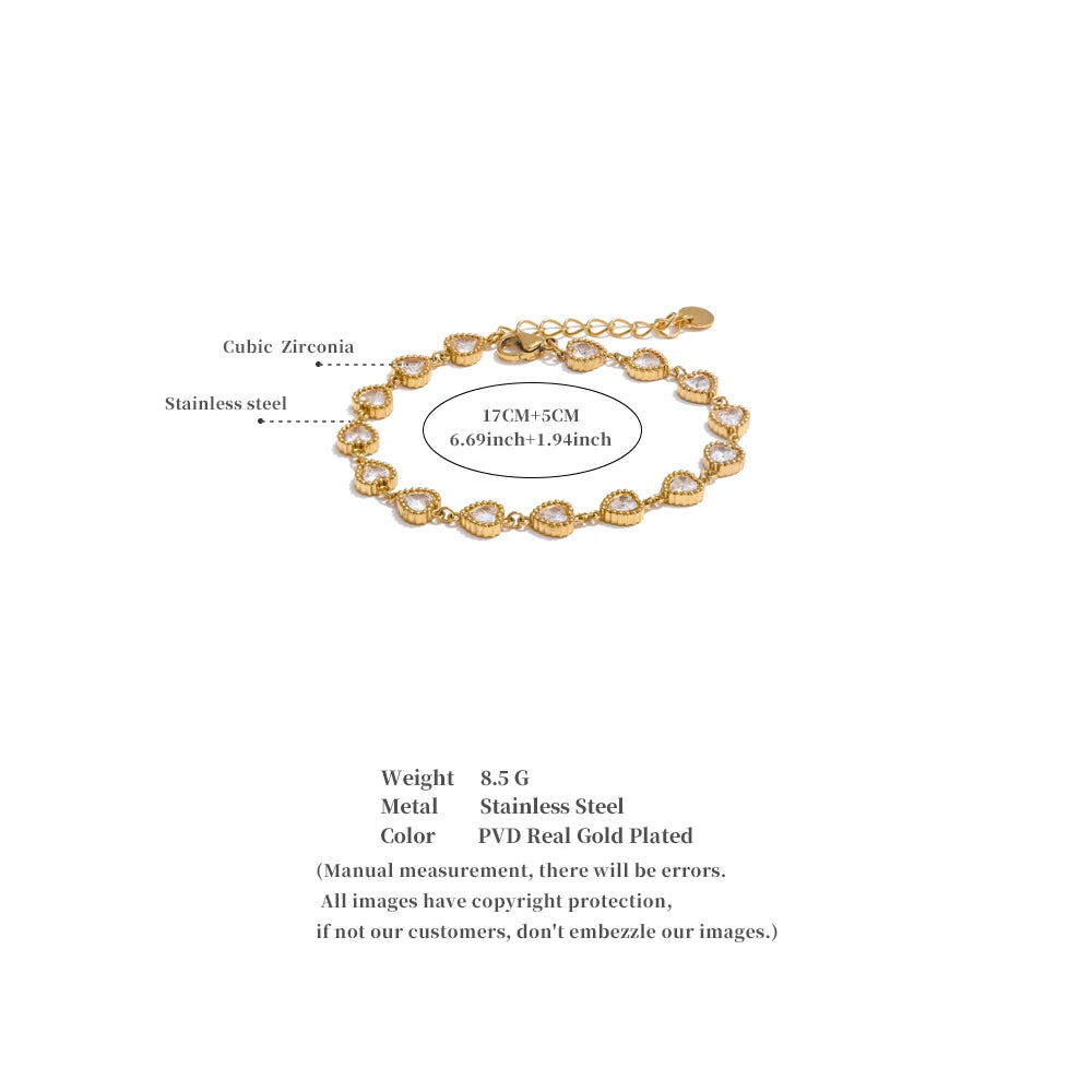 Vanja Crystal Heart Chain Bracelet, waterproof bracelet in 316L stainless steel with a gold or silver-tone PVD finish by Lark & Reed, view 6
