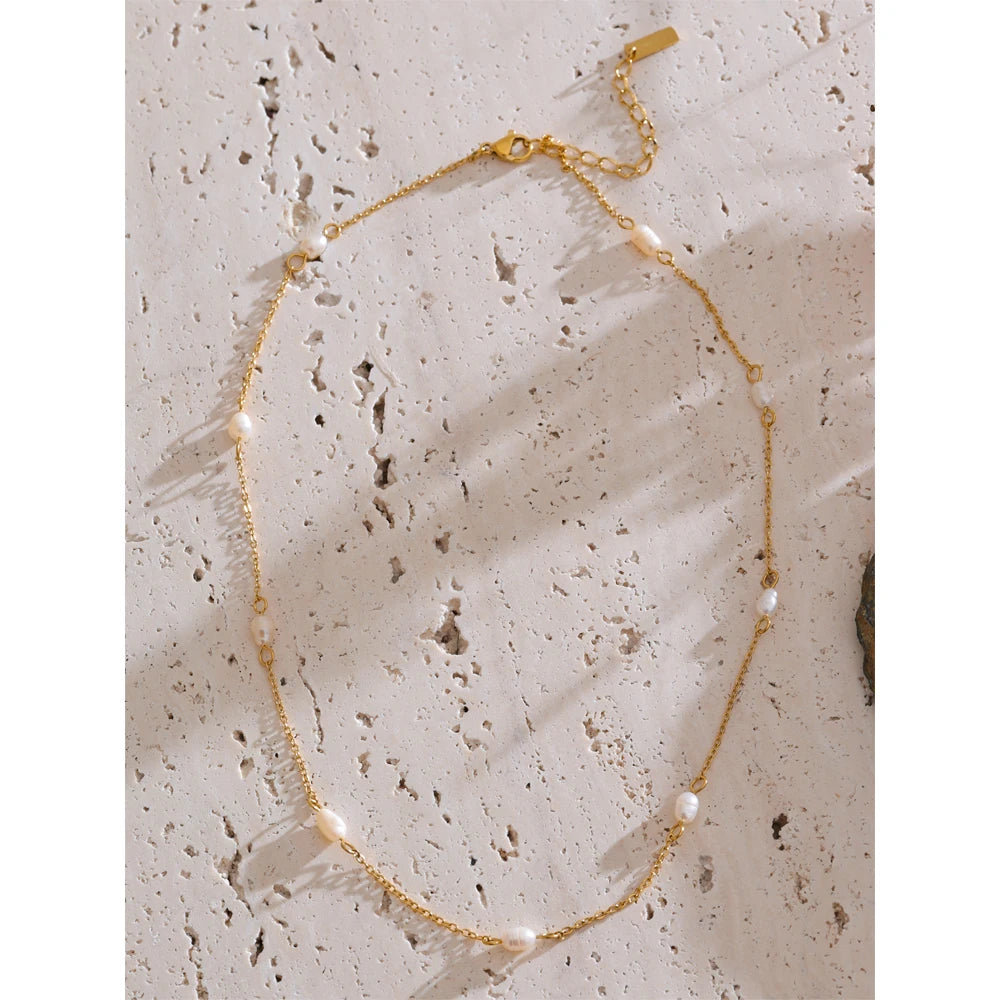 Ilka Pearl Thread Necklace, waterproof necklace in 316L stainless steel with a gold or silver-tone PVD finish by Lark & Reed, view 4