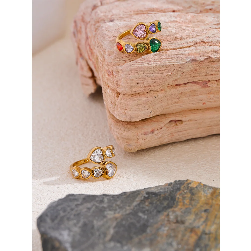 Vibeke Crystal Heart Ring, waterproof ring in 316L stainless steel with a gold PVD finish by Lark & Reed, view 4