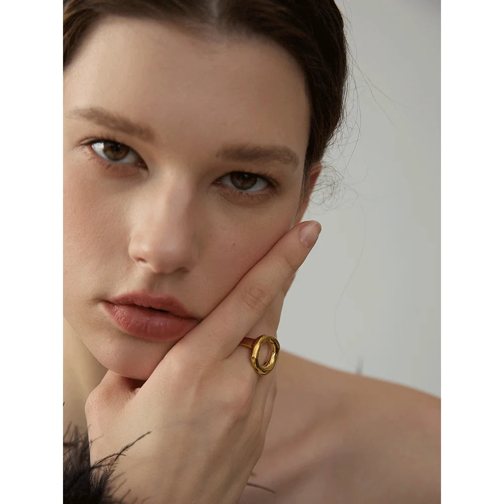 Ophelia Open Oval Ring, waterproof ring in 316L stainless steel with a gold PVD finish by Lark & Reed, view 2
