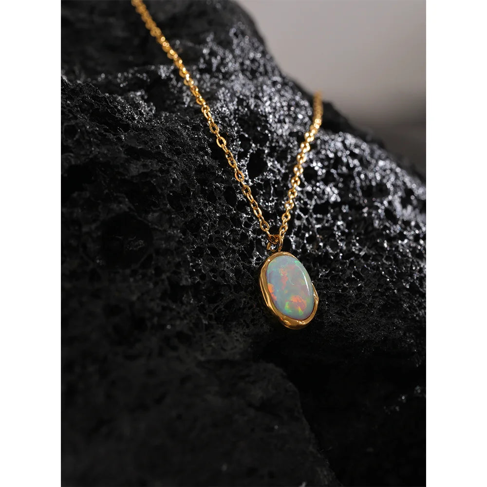 Lucca Opal Pendant, waterproof necklace in 316L stainless steel with a gold or silver-tone PVD finish by Lark & Reed, view 2