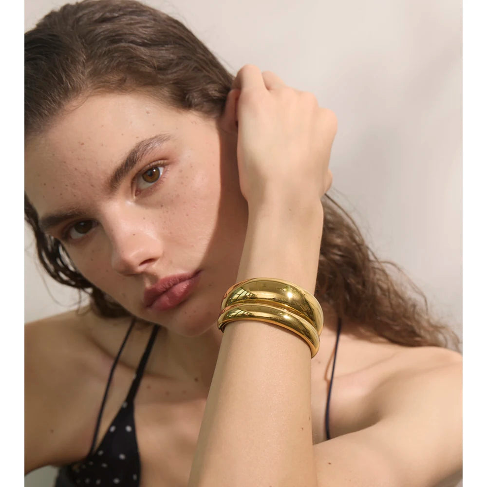 Innsbruck Double Cuff, waterproof bracelet in 316L stainless steel with a gold PVD finish by Lark & Reed, view 3