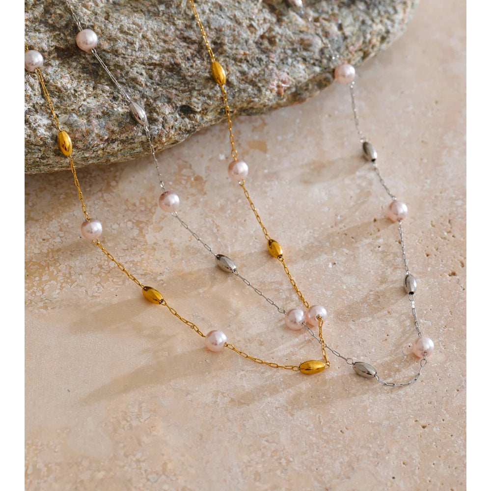 Vilma Pearl Station Chain, waterproof necklace in 316L stainless steel with a gold or silver-tone PVD finish by Lark & Reed, view 2