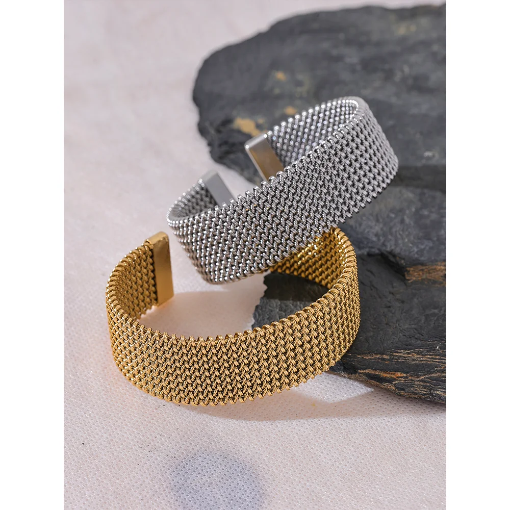 Brazalete abierto Haarlem malla, pulsera, resistente al agua, acero inoxidable 316L con acabado PVD dorado o plateado, Lark & Reed, vista 5