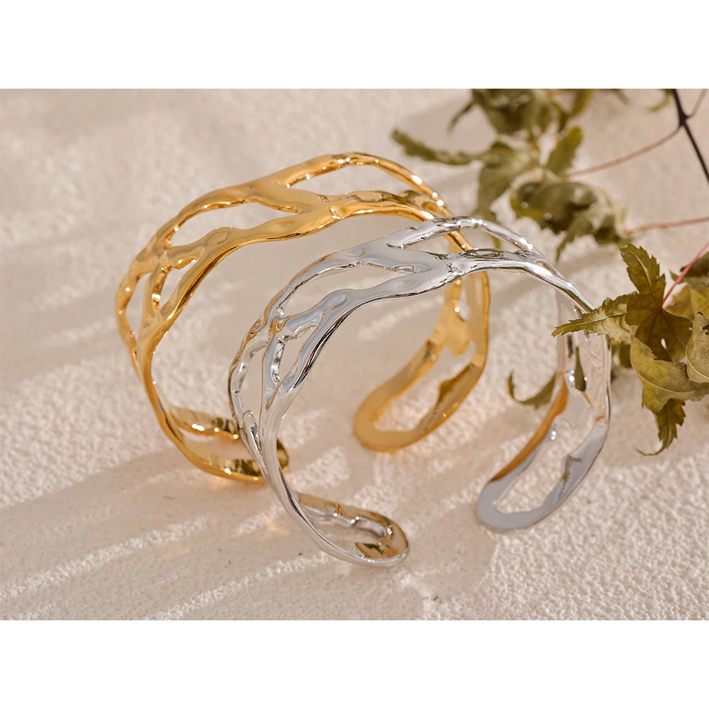 Positano Molten Cuff, waterproof bracelet in 316L stainless steel with a gold or silver-tone PVD finish by Lark & Reed, view 6