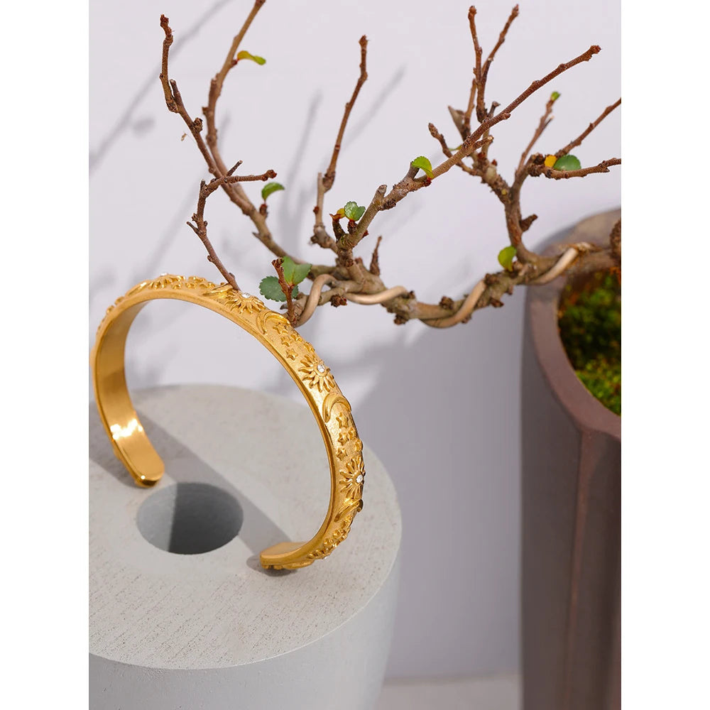 Celestia Engraved Cuff, waterproof bracelet in 316L stainless steel with a gold PVD finish by Lark & Reed, view 5