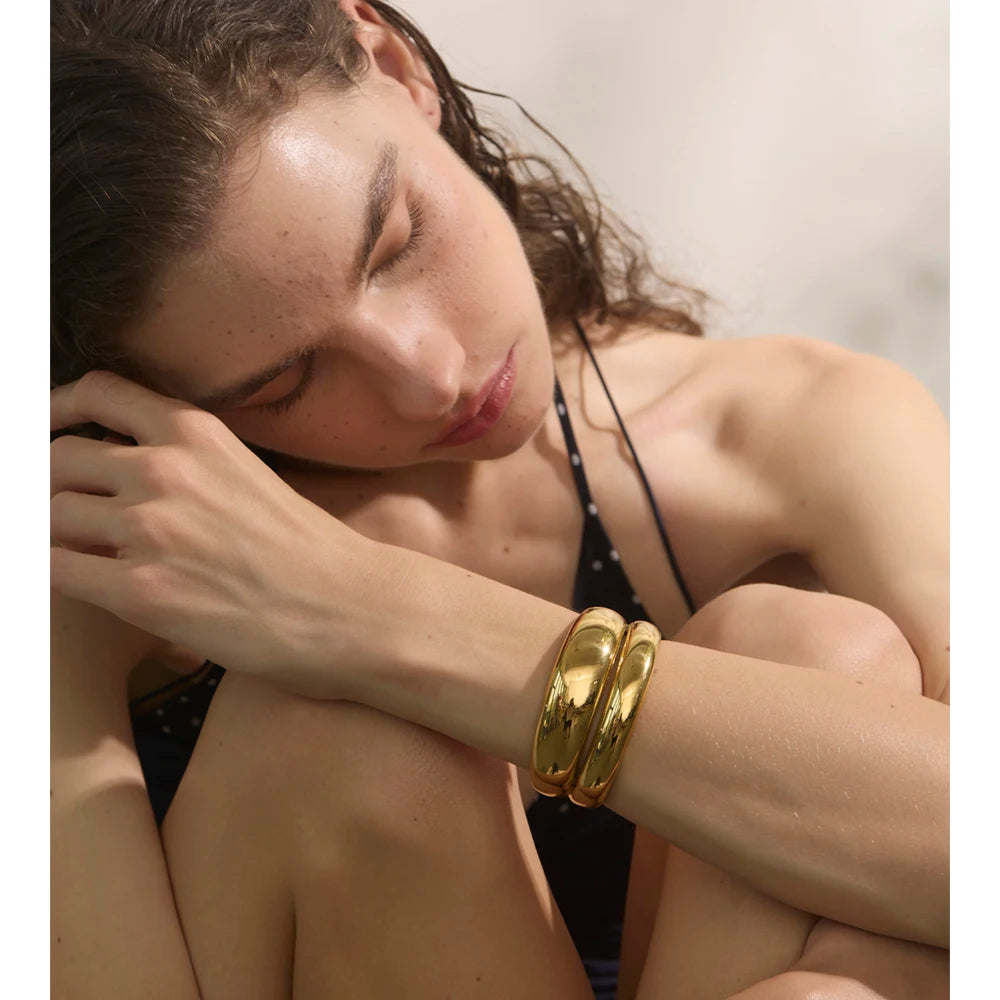 Innsbruck Double Cuff, waterproof bracelet in 316L stainless steel with a gold PVD finish by Lark & Reed, view 5
