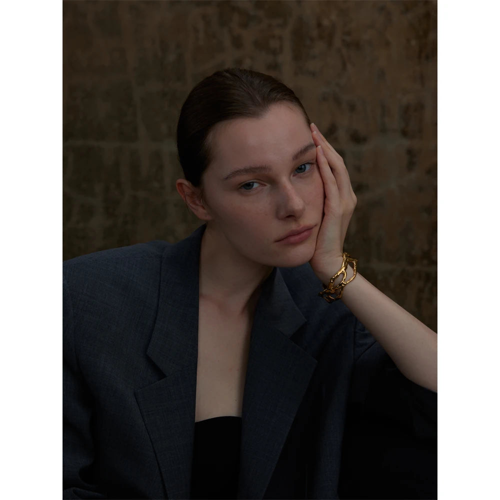 Positano Molten Cuff, waterproof bracelet in 316L stainless steel with a gold or silver-tone PVD finish by Lark & Reed, view 3