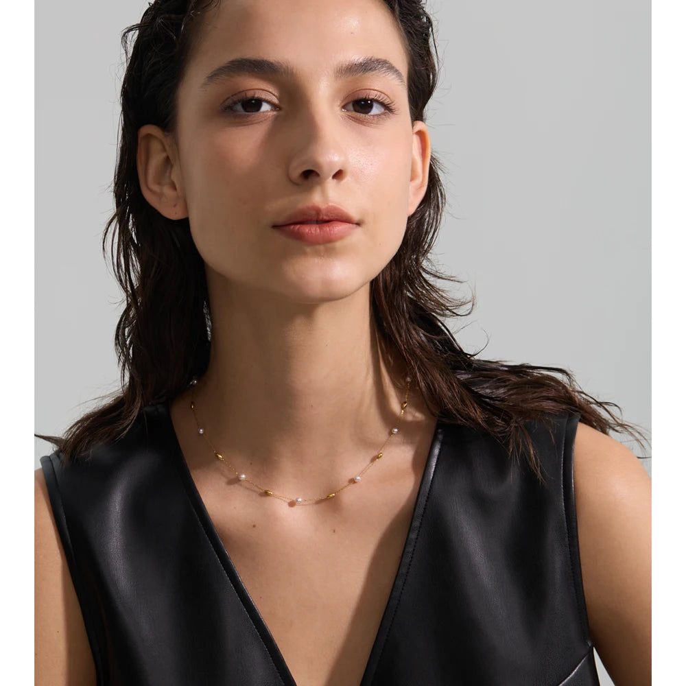 Vilma Pearl Station Chain, waterproof necklace in 316L stainless steel with a gold or silver-tone PVD finish by Lark & Reed, view 3