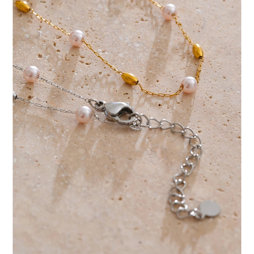 Vilma Pearl Station Chain, waterproof necklace in 316L stainless steel with a gold or silver-tone PVD finish by Lark & Reed, view 6