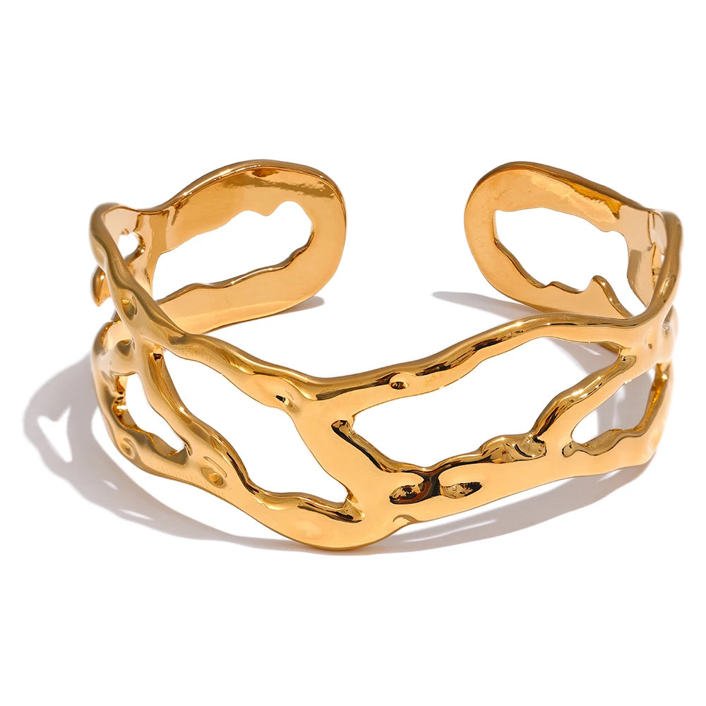 Positano Molten Cuff, waterproof bracelet in 316L stainless steel with a gold or silver-tone PVD finish by Lark & Reed, view 8