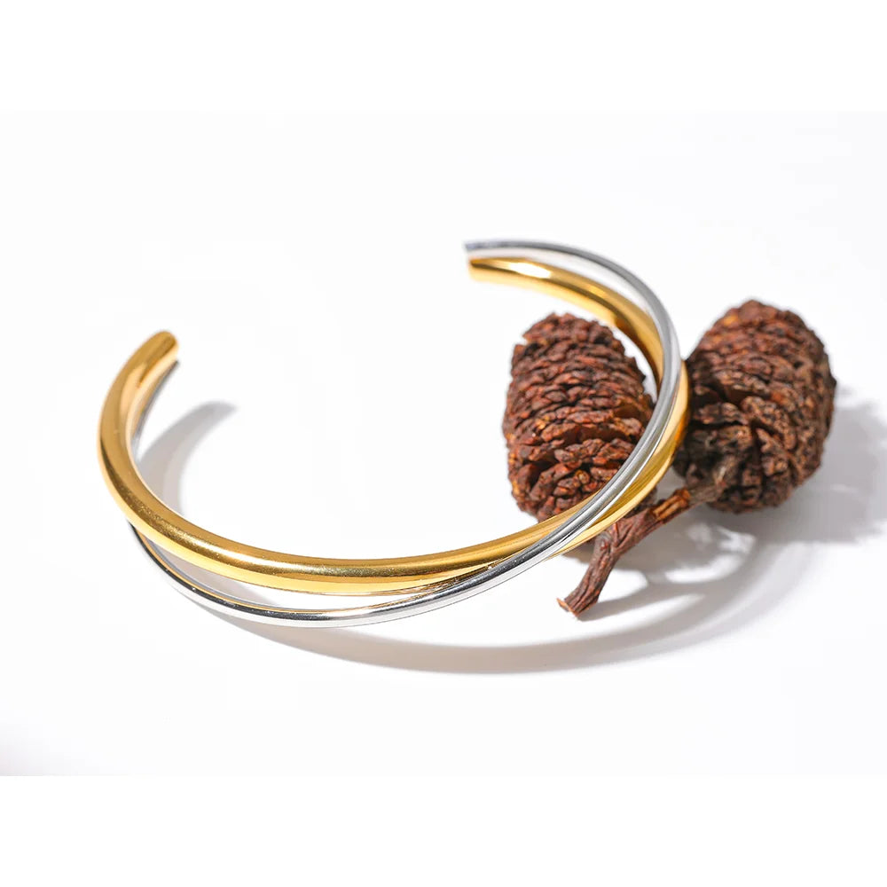 Milan Two-Tone Cuff, waterproof bracelet in 316L stainless steel with a gold PVD finish by Lark & Reed, view 6