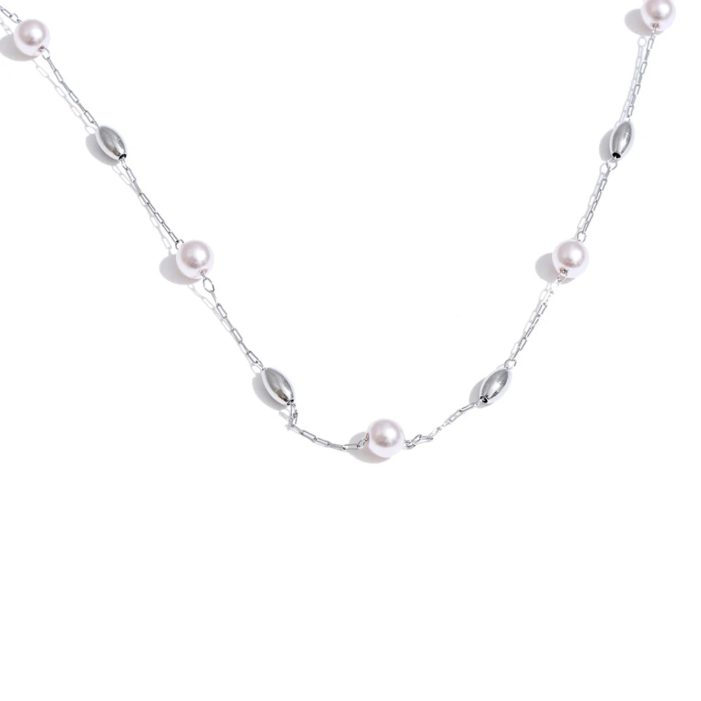 Vilma Pearl Station Chain, waterproof necklace in 316L stainless steel with a gold or silver-tone PVD finish by Lark & Reed, view 7