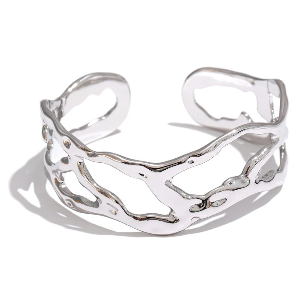 Positano Molten Cuff, waterproof bracelet in 316L stainless steel with a gold or silver-tone PVD finish by Lark & Reed, view 7